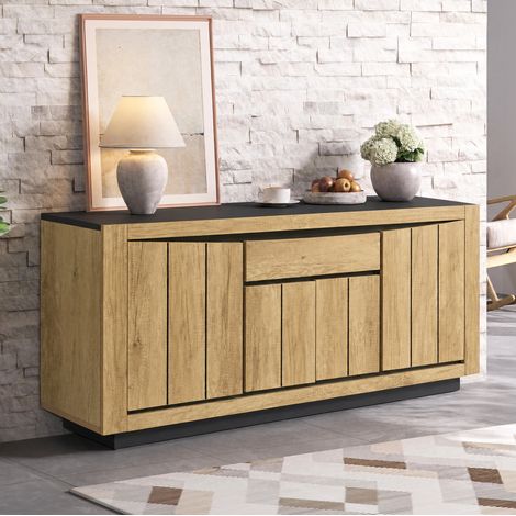 Aparador 140x40x60 cm de MDF negro y efecto madera, 4 puertas, ahorra espacio - CHICFURN (1/5)