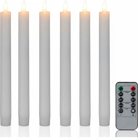 Relaxdays LED Stabkerzen, 6er Set, mit Fernbedienung, Timer & flackernder Flamme, Echtwachs, flammenlose Kerzen, weiß