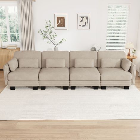 Sofá recto modular de 4 plazas en chenilla, 330 x 88 x 88 cm, café claro REDOM (1/5)
