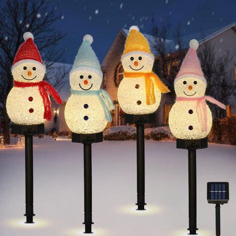 Lumière de Cour, 4PCS Éclairés à l'Énergie Solaire avec Piquets de Jardin, Décorations Noël en Forme Bonhomme Neige, Décoration Cour Noël pour Chemin avec 8 Modes d'Éclairage (1/5)
