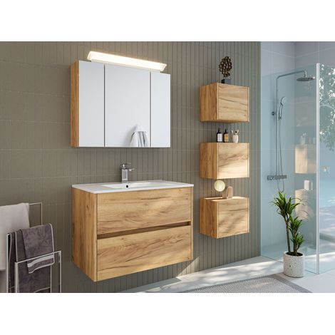 Badmöbelset Taifun 80cm 3tlg mit Spiegelschrank und 3er Boxen Set eiche gold