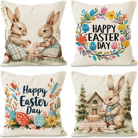 [4 Designs pro Packung] Kissenbezug mit Osterhasenmotiv, Leinenmuster, dekorativer Kissenbezug für das Wohnzimmersofa für die Feiertage (1/3)