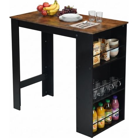 H.J WeDoo Comptoir de Cuisine, Table de Bar avec 3 étagères de Rangement, Table Haute de Cuisine, Table Haute pour Salle à Manger, 112 × 57 × 106 cm, Noir + Chêne