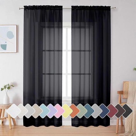 Rideaux voilages noirs de 213 cm de long, filtrant la lumière, à œillets, couleur unie (1/5)