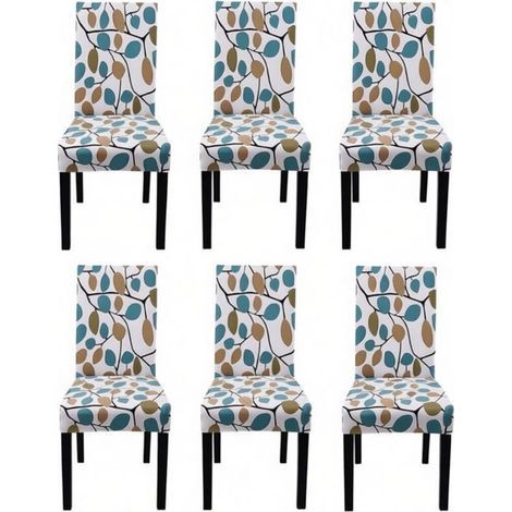 Housse de chaise extensible lot de 6 – Tissu polyester et spandex – Ajustement antidérapant – Lavable en machine – Motif feuilles colorées (1/4)