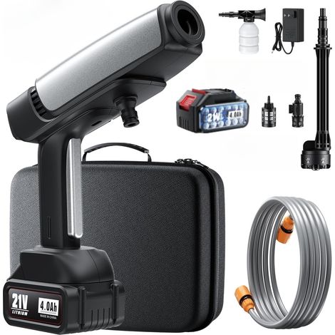 Idropulitrice Portatile Senza Fili con Ugello 6 in 1 & Serbatoio Schiuma, Tubo Flessibile 16FT per Auto Casa Giardino Terrazza(Con 1 Batteria)