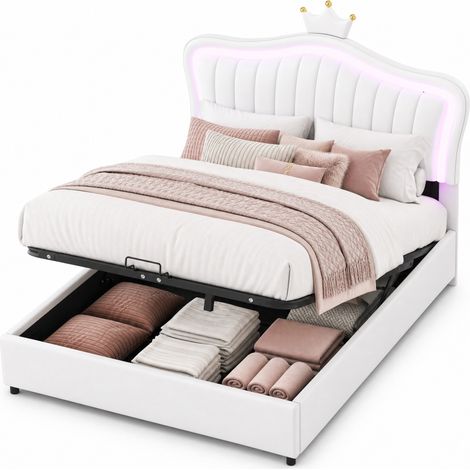 Lit enfant 140 x 200 cm avec rangement hydraulique, tête de lit couronne, LED et cadre en cuir régénéré blanc, CHICFURN (1/5)