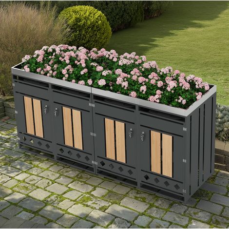 Armoire de rangement de jardin en acier galvanisé gris et décor bois, 4 compartiments verrouillables avec bac à plantes (1/5)