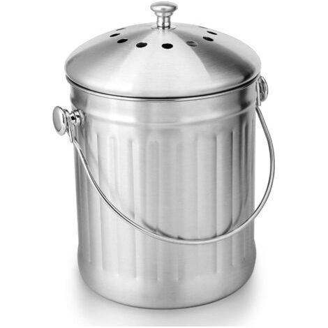 Seau à compost 5 L en acier inoxydable – Bac à compost de cuisine – Filtre à charbon double couche – Résistant à la rouille et aux fissures (1/5)
