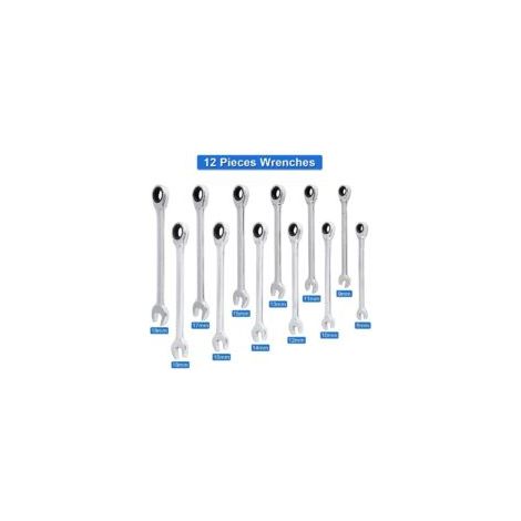 Set di chiavi a cricchetto a forchetta/prolunga, set di chiavi a bussola e inserti, chiave a cricchetto regolabile da 8 mm a 19 mm, 12 pezzi per il fai da te in garage (chiave allungata) - Crezuo