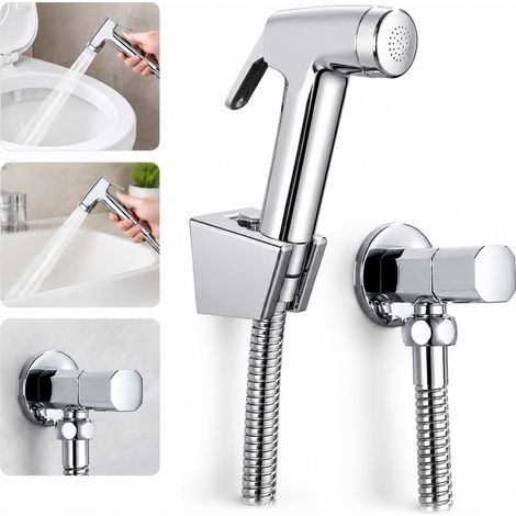 Douchette WC haute pression en plastique chromé et inox, jet puissant jusqu'à 10 fois, flexible inox 150 cm anti-torsion, base ABS et robinet d'angle G 1/2 (1/4)