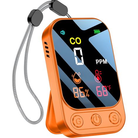 Detectores portátiles de monóxido de carbono de 85 dB [CO, sensor de temperatura y humedad] para camping, uso en interiores y exteriores (naranja)
