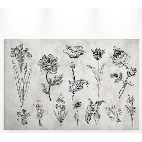 Tableau à fleurs noir & gris pour chambre adulte | Tableau fleurs des champs déco salon | Tableau rectangulaire pour cuisine 0,9 x 0,6 m (1/5)