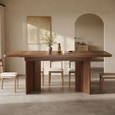 Table à manger extensible 120-160x80x76,1 cm, table de cuisine rectangulaire avec pieds en V, rainures verticales, MDF, noyer (1/5)