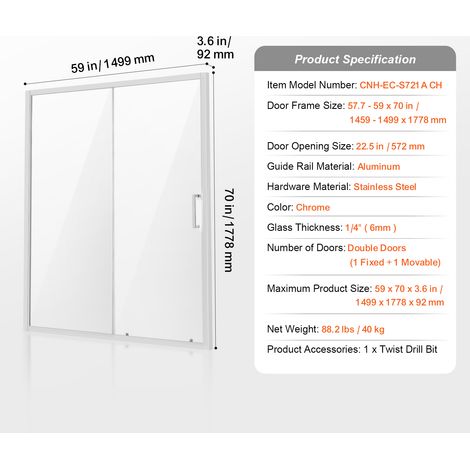 Mophorn Halbrahmenlose Duschtür – 57,7–59 Zoll B x 70 Zoll H, Chrom-Finish mit 1/4 Zoll klarem gehärtetem Glas, wasserdicht, bruchsicher, NANO-schmutzabweisend, Edelstahlbeschläge für ein stilvolles