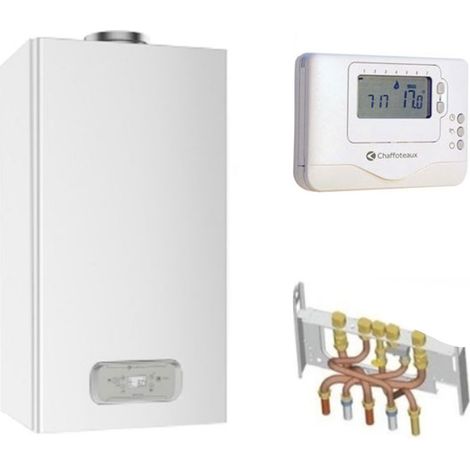 Chaffoteaux – Chaudière gaz à basse température 25 kW – Cheminée complète avec thermostat filaire – Classe énergétique C – Débit 12,2 litres/minute