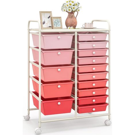 COSTWAY Carrello con 15 Cassetti Impilabili, Carrello di Stoccaggio con Ruote, Carello Portaoggetti per Casa e Ufficio, 62,5 x 37 x 87 cm (Rosa) (1/5)