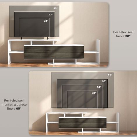 Support TV mural mobile blanc et noir avec étagère et armoire en bois (1/5)