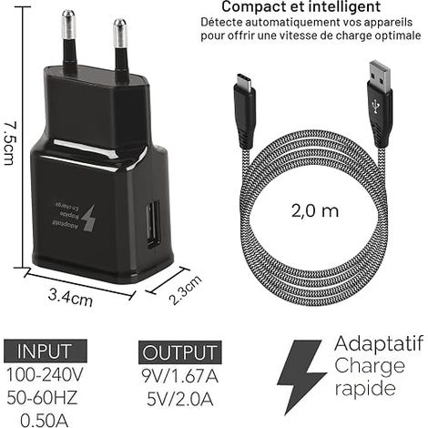 Chargeur Secteur USB Type C avec Câble de Charge en 2M Nylon - pour S8, S8 Plus, S9, S10, S10 Plus, S10e 5G, S20, S21, S22, A50, A51, A40, A30, A20e, Z Flip3, Fold2 (1/4)