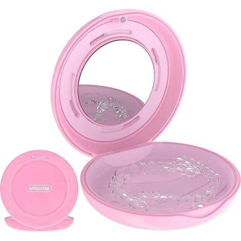 Schlankes Etui mit Belüftungslöchern und Spiegel, kompatibel mit Invisalign-Alignern (Aufbiss- und Mundschutz) – Rosa