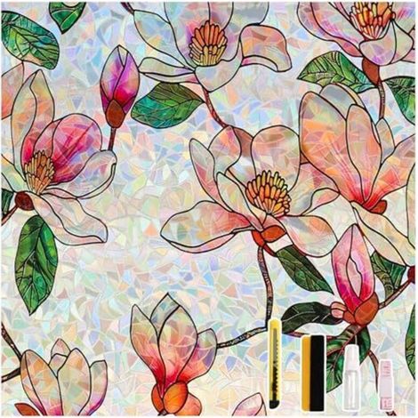 3D-Regenbogen-Sichtschutzfolie, blickdichte, statisch haftende Fensterfolie, Dekorfolie für Schlafzimmer, Büro, Küche, Magnolia, 45 x 200 cm