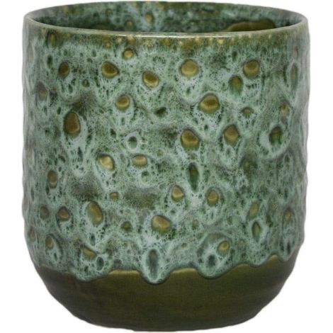 Pot de Fleurs Contemporain émaillé de 13 cm de diamètre avec Motif craquelé texturé pour Cactus, Plantes Grasses et Petites Plantes d'intérieur, émeraude (1/5)