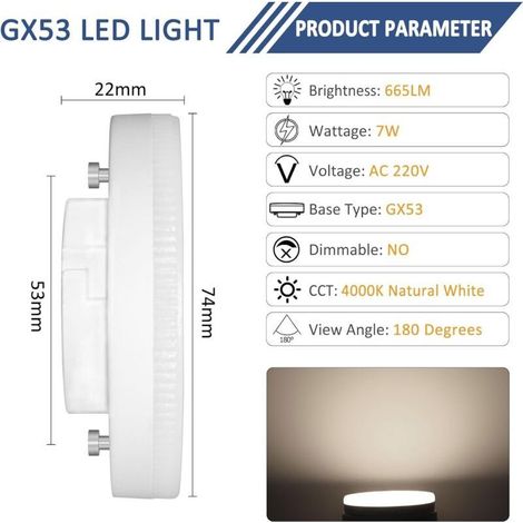 Ampoule GX53 LED 7W, Blanc Neutre 4000K, Non Dimmable, Équivalent à 50W Halogène, Ampoule LED GX53 Spot pour Armoires, Vitrines, 180°, AC 220V, 665LM, Lot de 4 (1/4)