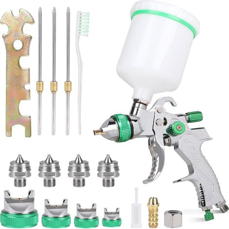 HVLP Pistolet à peinture 1,4/1,7/2,0/2,5 mm Pistolet à air avec gobelet de 600 ml + 4 jeux de buses Pistolet à peinture pour voiture, meubles, bricolage (vert) (1/5)
