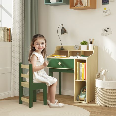 Ensemble table et chaises pour enfants avec étagères de rangement et tiroir, mobilier pour enfants de 3 à 10 ans, vert (1/5)