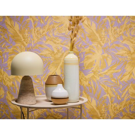 Papier peint intissé feuille et palmier, style tropical aux tons or, mauve et rose - 10,05 x 0,53 m (1/5)