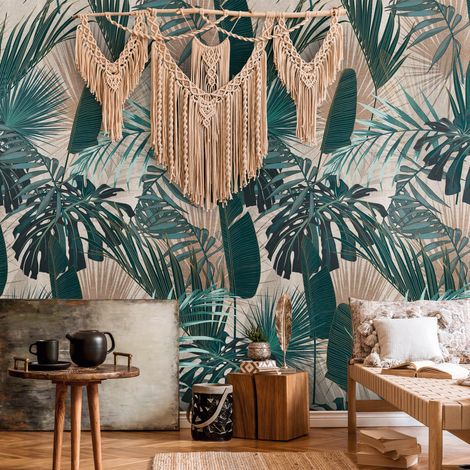 Photo wallpaper wall Profhome 391801 hot embossed non-woven wallpaper smooth with jungle elements matt green teal concrete grey 1,59 m x 2,8 m