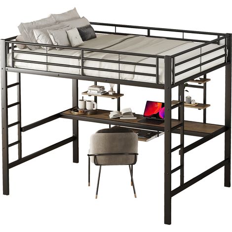 Lit mezzanine métal noir 140x200 avec bureau, deux bibliothèques, étagère clavier, échelle et garde-corps, pour chambre enfant, ado ou adulte - CHICFURN (1/5)