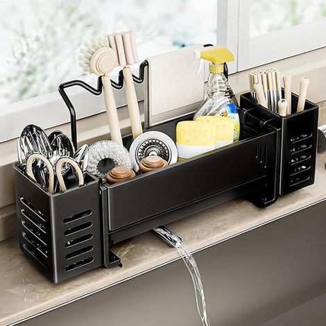 Organisateur d'évier Cuisine Acier Inoxydable avec Bac de Vidange Organisateur Rangement Evier Etroit avec Porte Serviettes Amovible pour Cuisine et Salle de Bain Porte Eponge Egouttoir Noir (1/5)