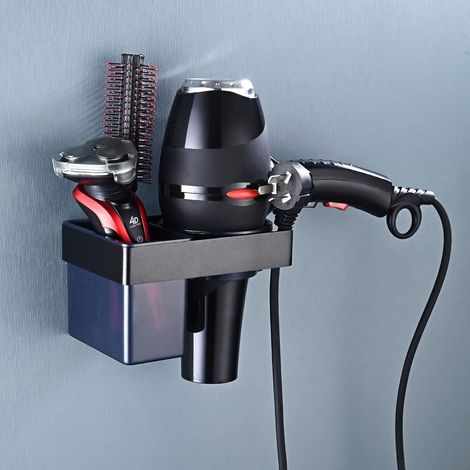 Porte Sèche Cheveux Mural Adhésif, Support Aluminium avec Rangement et Câble Salle de Bain (Noir) (1/5)