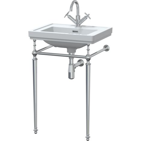 Traditional 1 Tap Hole Fireclay Basin with Luxury Wash Stand & Bottle Trap - 500mm - Chrome