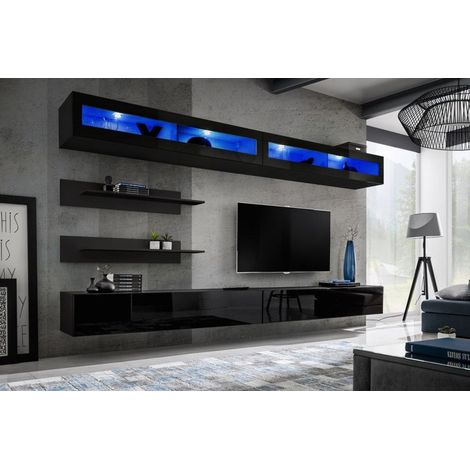 Ensemble mural - FLY I - 2 rangements LED - 2 meubles TV - 2 étagères - Noir - Modèle 1 - Livraison gratuite
