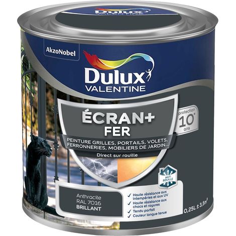 ECRAN+ FER BRILLANT - Peinture pour fer intérieur/extérieur - Grilles, portails, volets, ferroneries, mobiliers de jardin - Gris Anthracite 0,25 L - Dulux Valentine