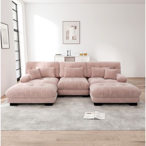 Canapé d'angle modulaire en U en chenille rose, 313 x 145 x 81 cm, avec ottomanes HAVRYA (1/5)