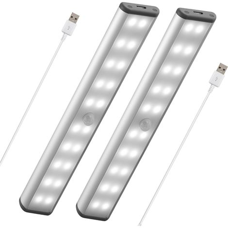 Lampe de placard sans fil à détecteur de mouvement, 20 LED adhésives avec base magnétique et batterie rechargeable, pour armoire, tiroir ou lampe de nuit, lot de 2, argent (1/5)