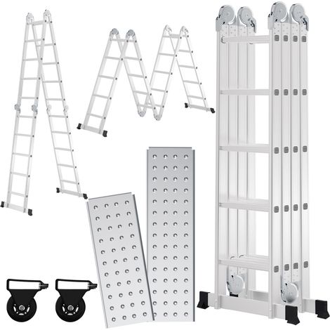 TolleTour Escalera multifuncional 7 en 1 de aluminio, 4x5 peldaños, aprox. 582 cm / 5,8 m, plegable, 2 plataformas + 2 ruedas, carga máxima 150 kg (1/5)