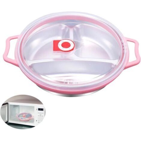 Mikrowellenteller mit Deckel, 1300 ml, Edelstahlplatte für Mikrowelle und Gefrierschrank, 3 Fächer, Deckel mit Belüftung, BPA-frei, 22 x 5 cm (Rosa)