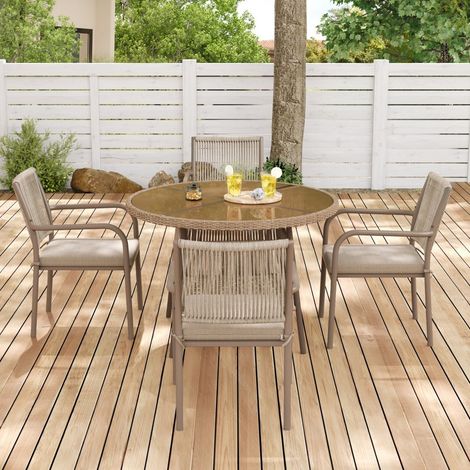 Salon de Jardin 5 Pièces - Table Ronde 110cm Verre Trempé et 4 Fauteuils en Corde Tressée - Structure Fer - Marron - Terrasse Balcon