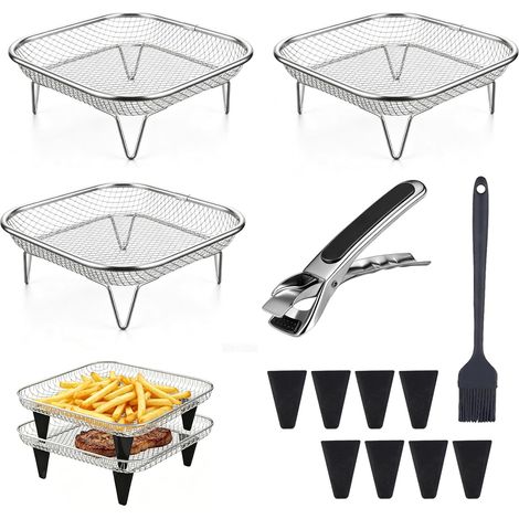 Lot de 3 paniers pour friteuse à air chaud avec 8 pieds en silicone, pince et brosse (1/5)