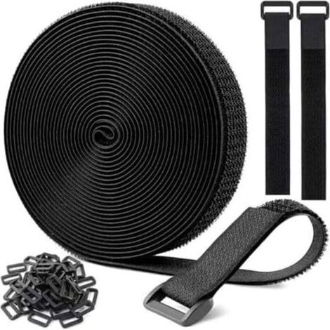 Sangles/Attaches de Câble Réutilisables Réglables Noires 5m x 2cm, avec 25 Boucles, Sangle à Crochet Découpable la Longueur, pour Gestion des Câbles et Rangement, Noire - (1/5)