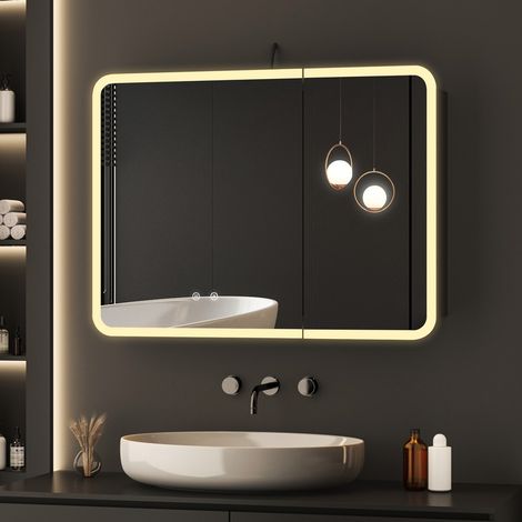80x60 cm Schwarz Spiegelschrank Bad mit Beleuchtung LED Spiegelschrank mit Beleuchtung Badezimmerschrank mit Spiegel Hängeschränke Medizin Kabinett mit 3 Einstellbare Lichtfarben, Beschlagfrei, Komple (1/5)