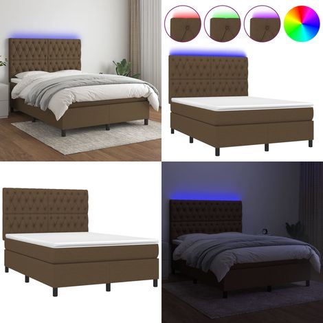 Sommier à lattes de lit matelas et LED Marron foncé 140x190 cm - Sommier Tapissier - Lit Plateforme - Lit Avec Rangement - Matelas À Ressorts Ensachés - Éclairage LED - Home & Living
