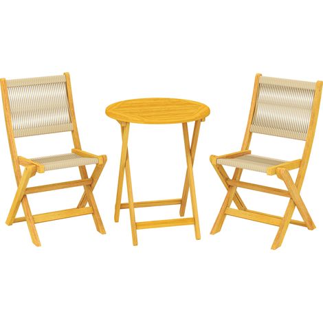 Table de Jardin Ronde Bistro 3 Pièces, 2 Fauteuils Pliants Boho, Bois d'Acacia Naturel et Cordage PP (1/5)