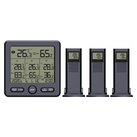 Thermomètre numérique hygromètre avec 3 capteurs sans fil LCD Rétro-éclairage Température Humidité Station Météo Heure Date Semaine Alarme Over-Limit pour Intérieur Extérieur (1/5)