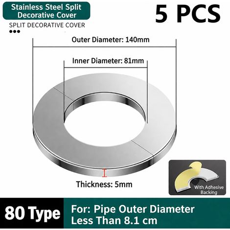 (5 pièces Type 80) Cache-trou de tuyau en acier inoxydable, plaque de dissimulation décorative pour robinet, climatiseur, tuyau d'eau à gaz (1/5)