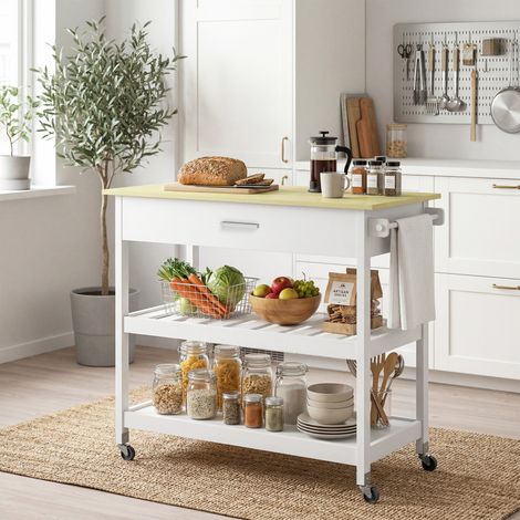 Table roulante de cuisine blanche, îlot central avec plan de travail, tiroir, étagères, porte-essuie-tout (1/5)